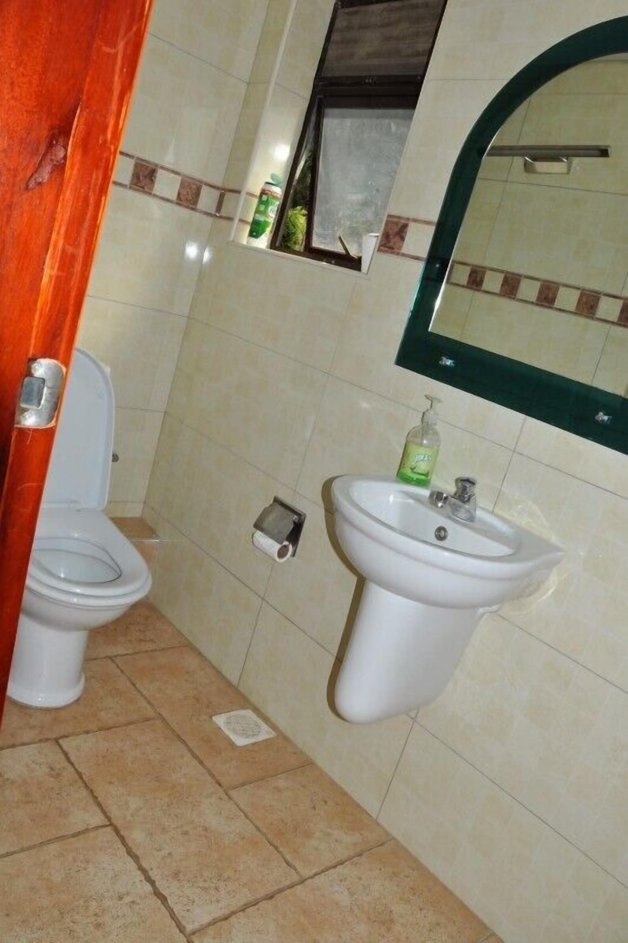A bathroom with a toilet, sink, and mirror.
