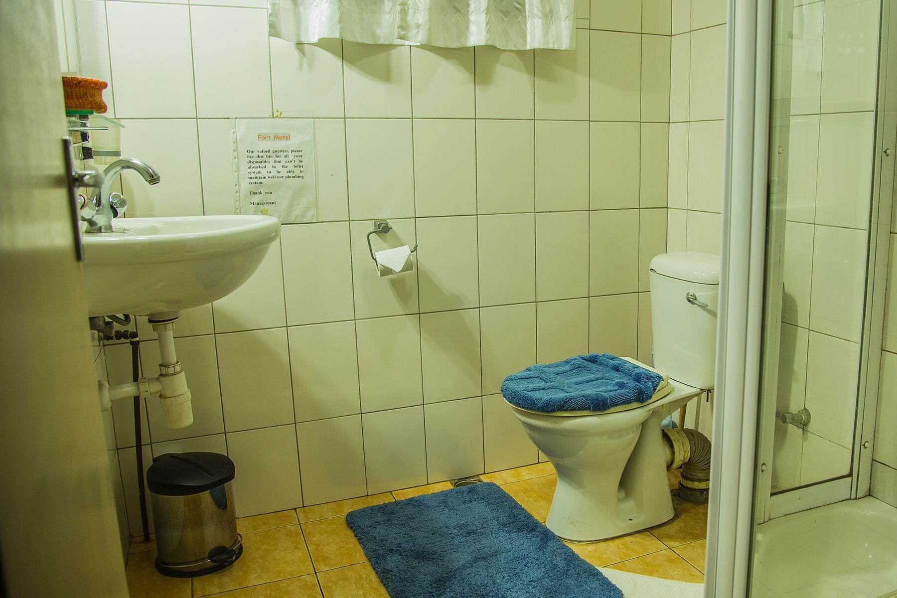 Een kleine badkamer met een wastafel, toilet en douche.