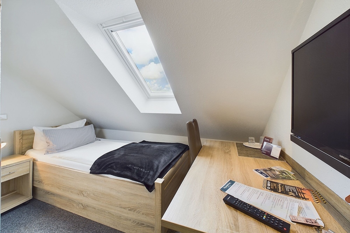 A room with a bed, a desk, a television, and a skylight.