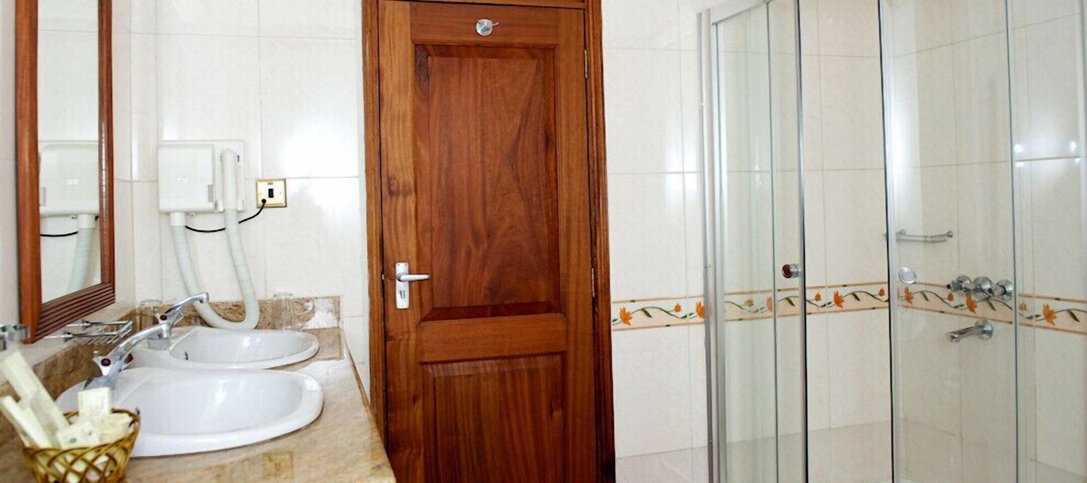 Bathroom | Shower, hair dryer, slippers, towels