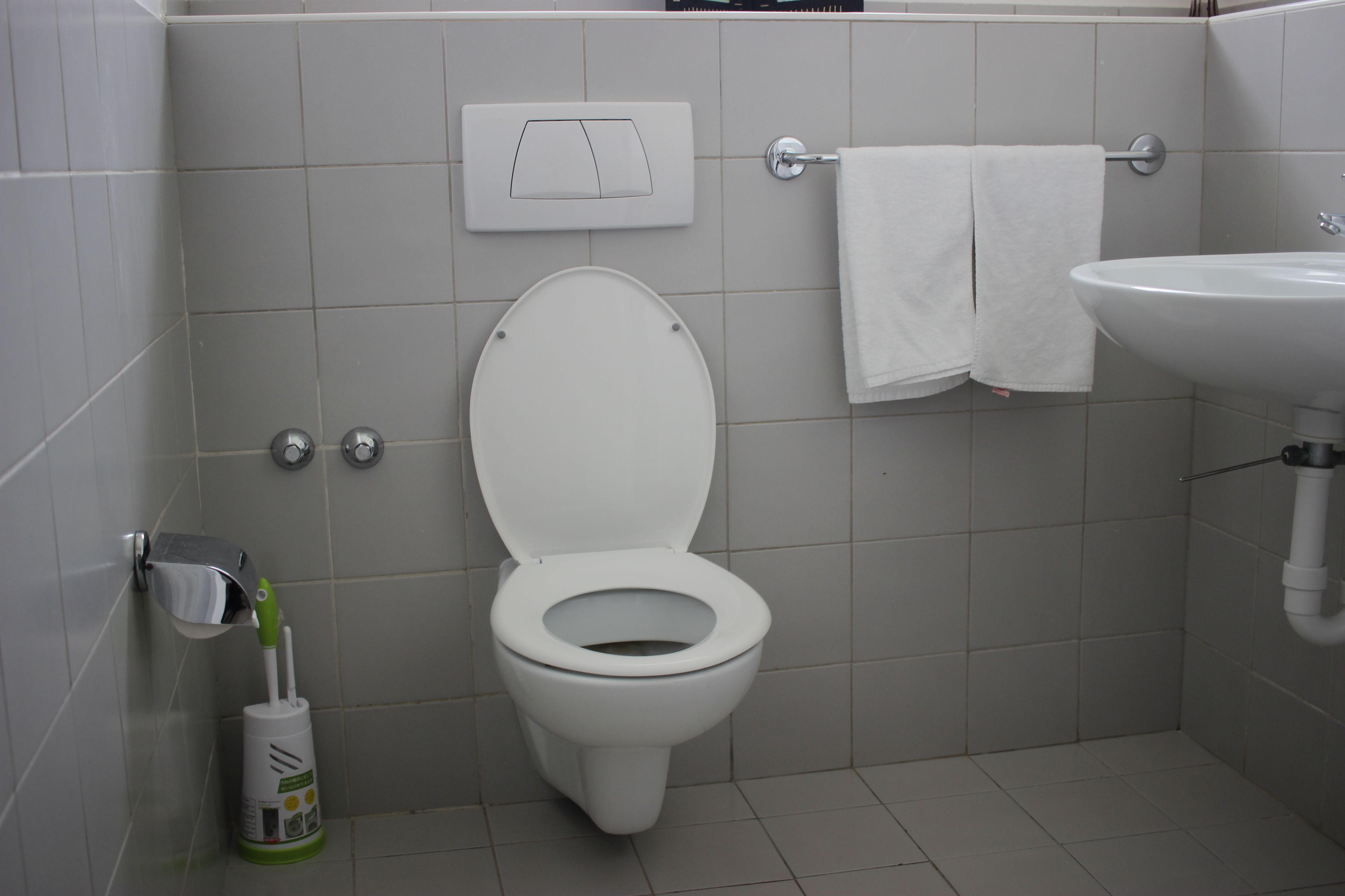 Et badeværelse med toilet, vask og håndklædestige.