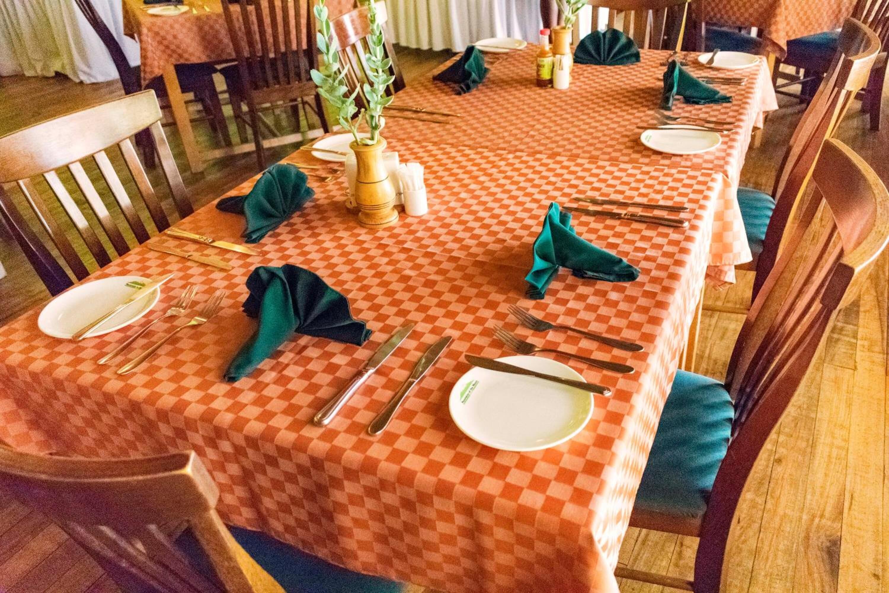 A dining table set with a checkered tablecloth, neatly arranged cutlery, and folded napkins.