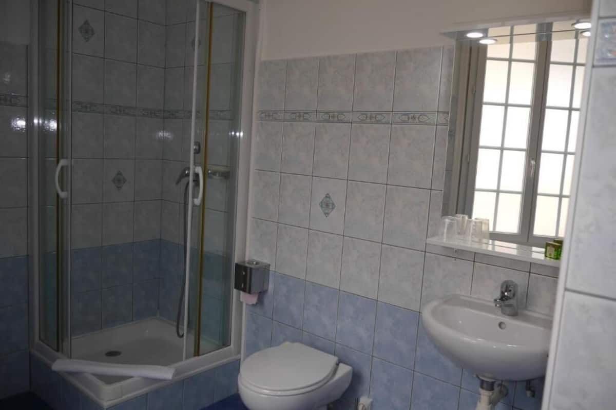 shower, free toiletries, hair dryer, towels