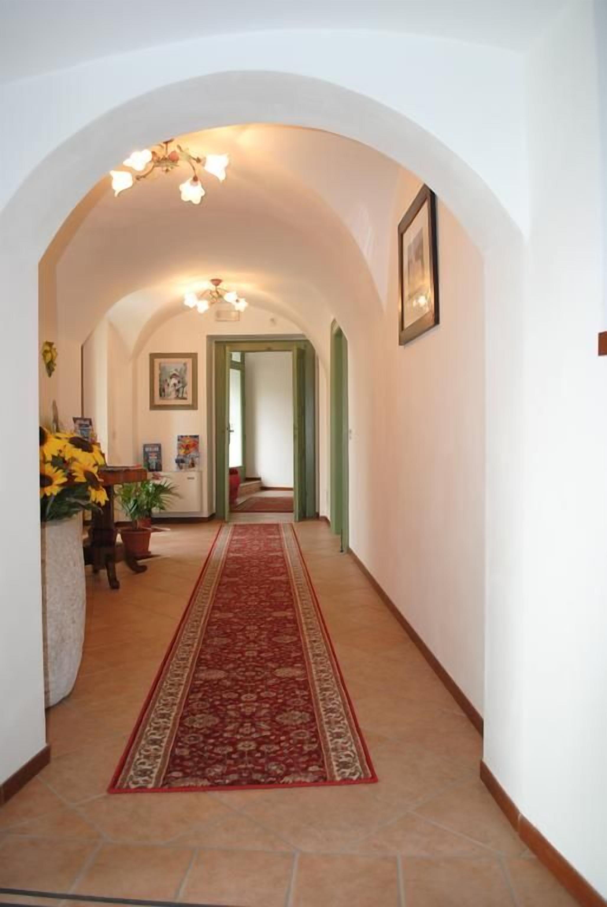 A hallway with an arched ceiling, a red carpet, and a ceiling light fixture.