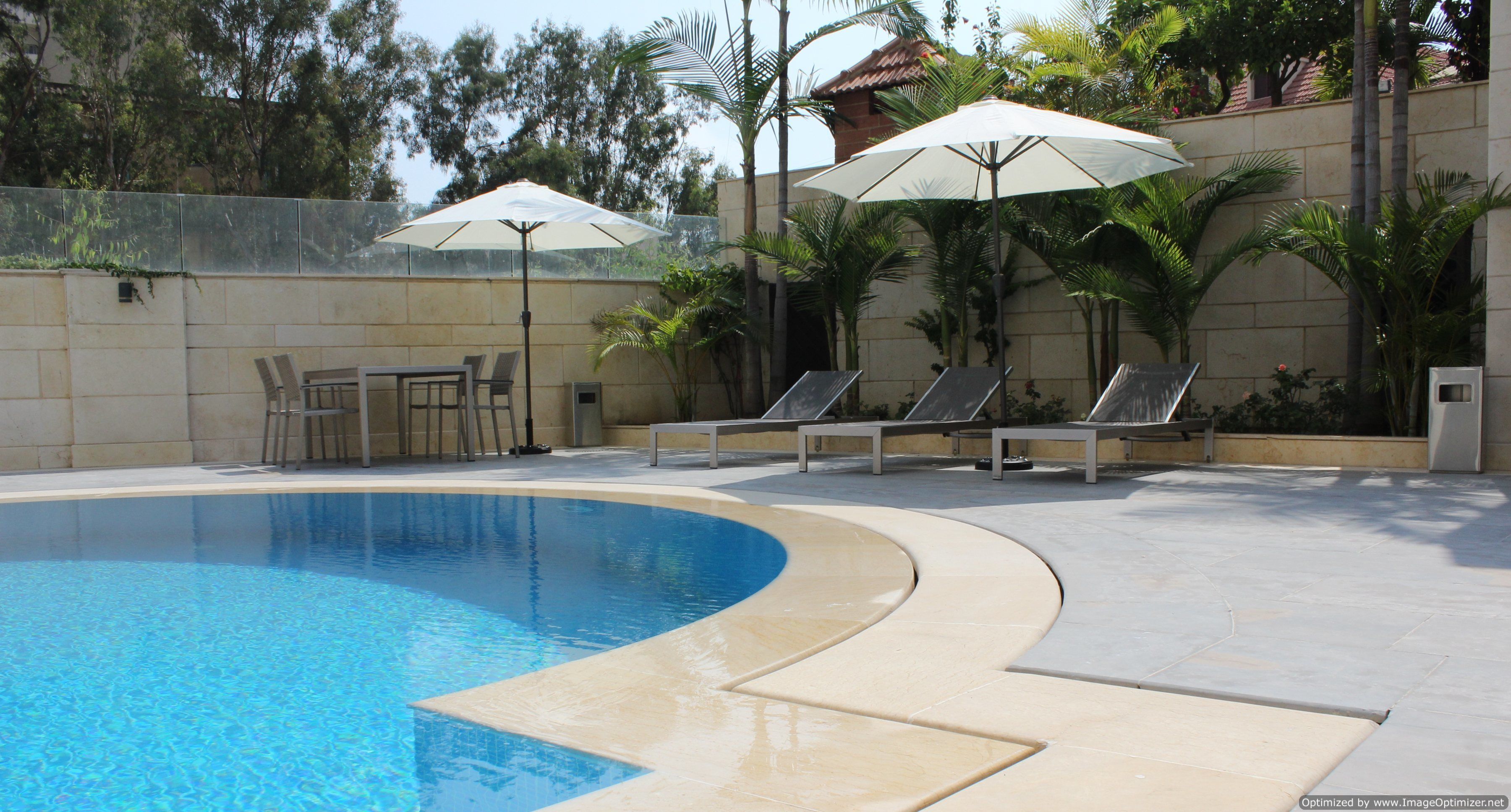 Piscina con sillones de descanso y sombrillas, rodeada de palmeras y un muro de piedra.