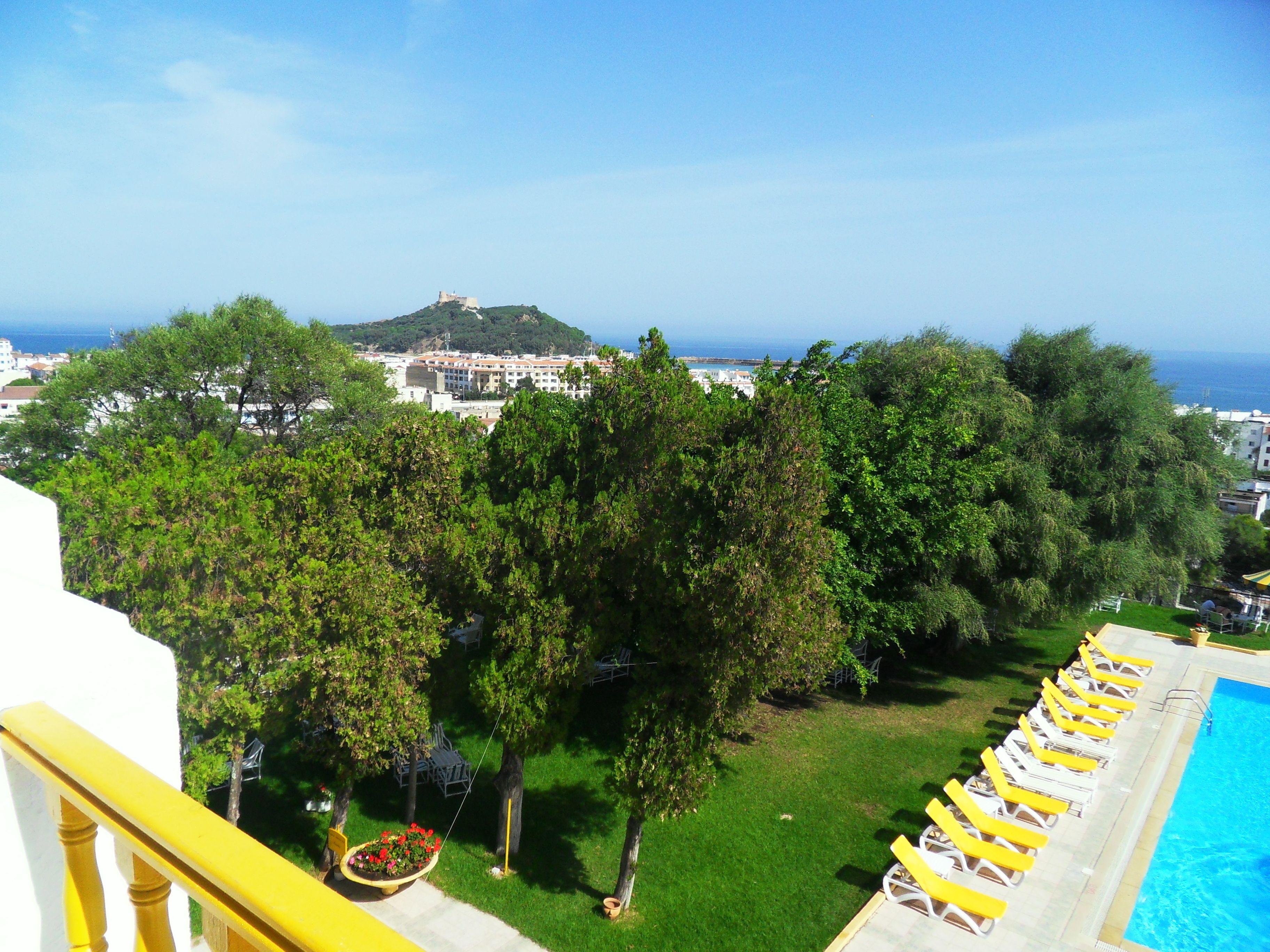 A poolside area with yellow lounge chairs, a grassy lawn, and a view of a hill with buildings and the sea in the background.