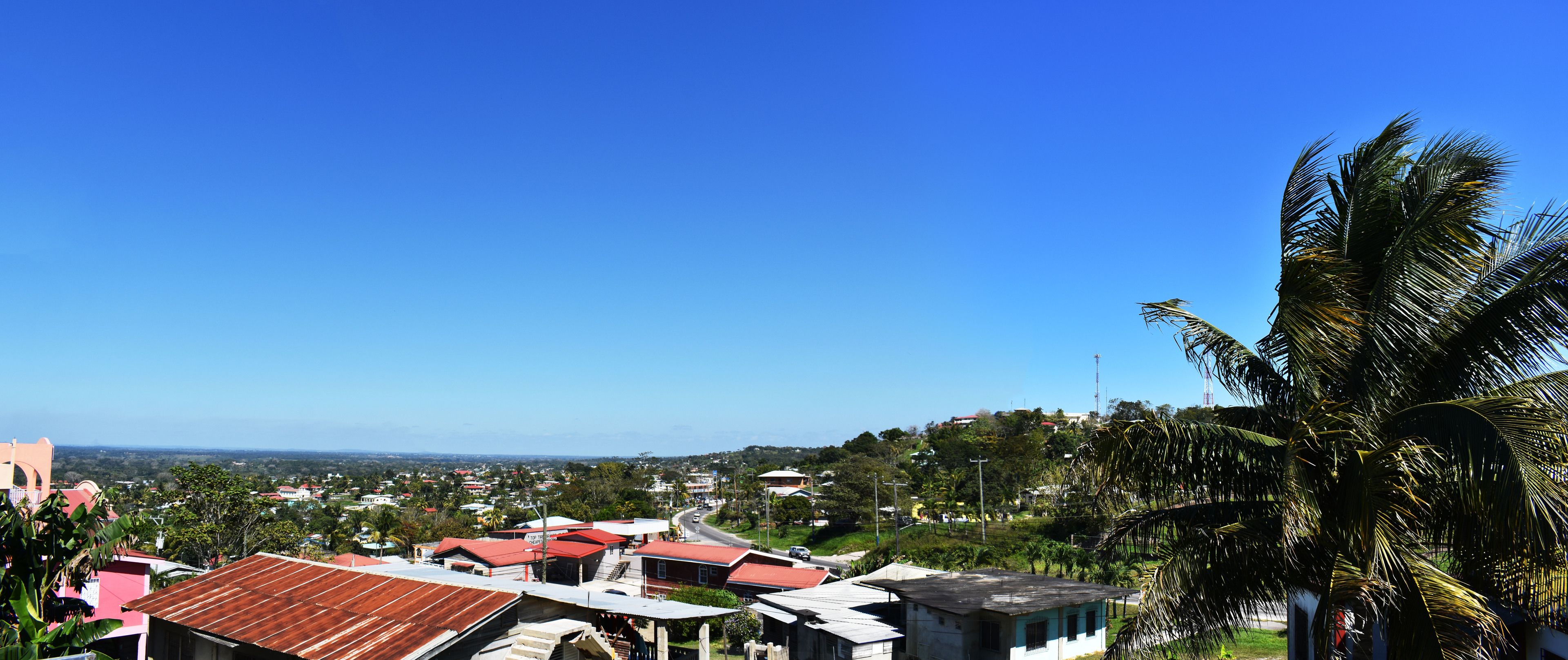 A residential area with houses, a road, and a clear blue sky.