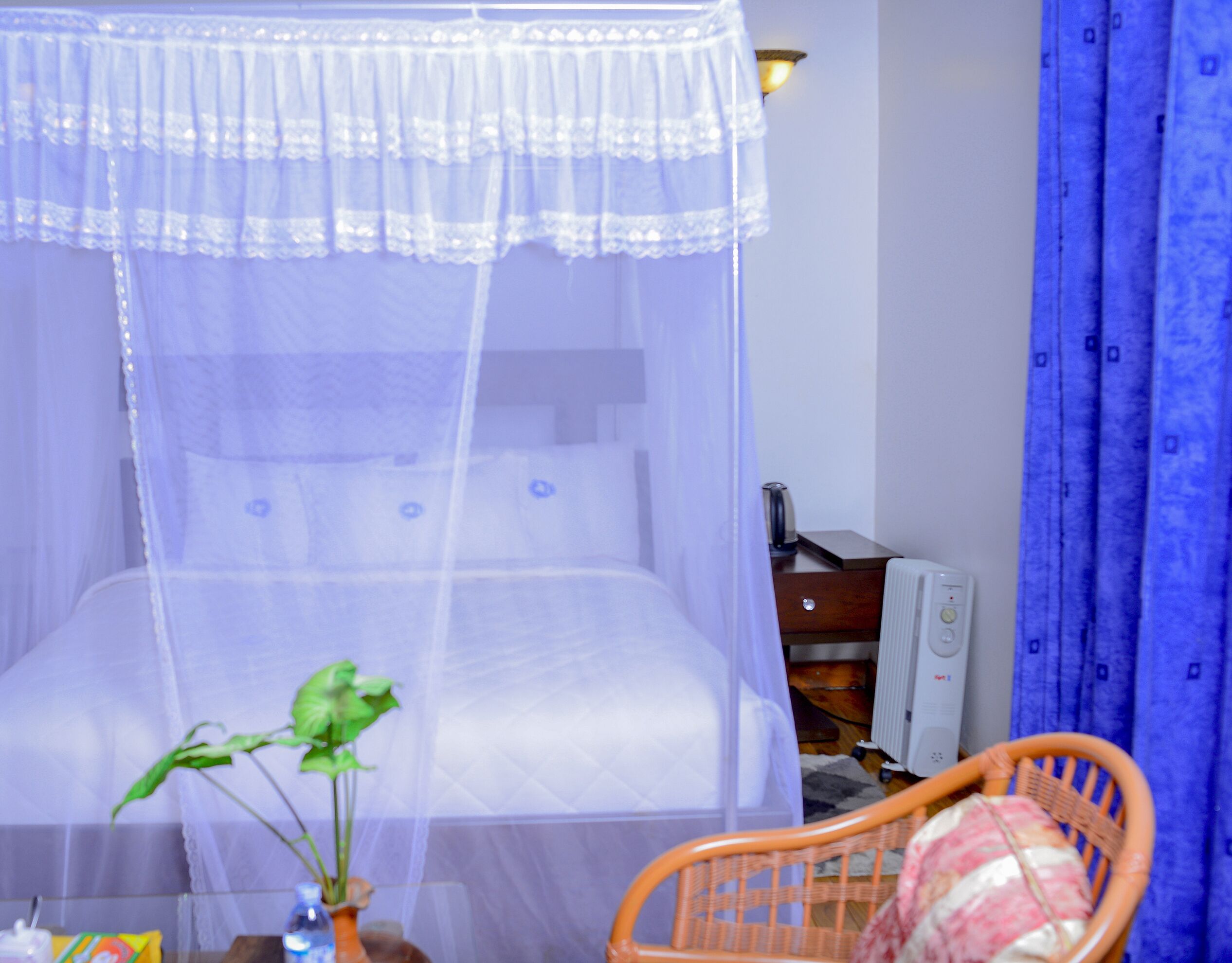 A room with a bed under a white canopy, a bedside table with a lamp, a chair, and a radiator.
