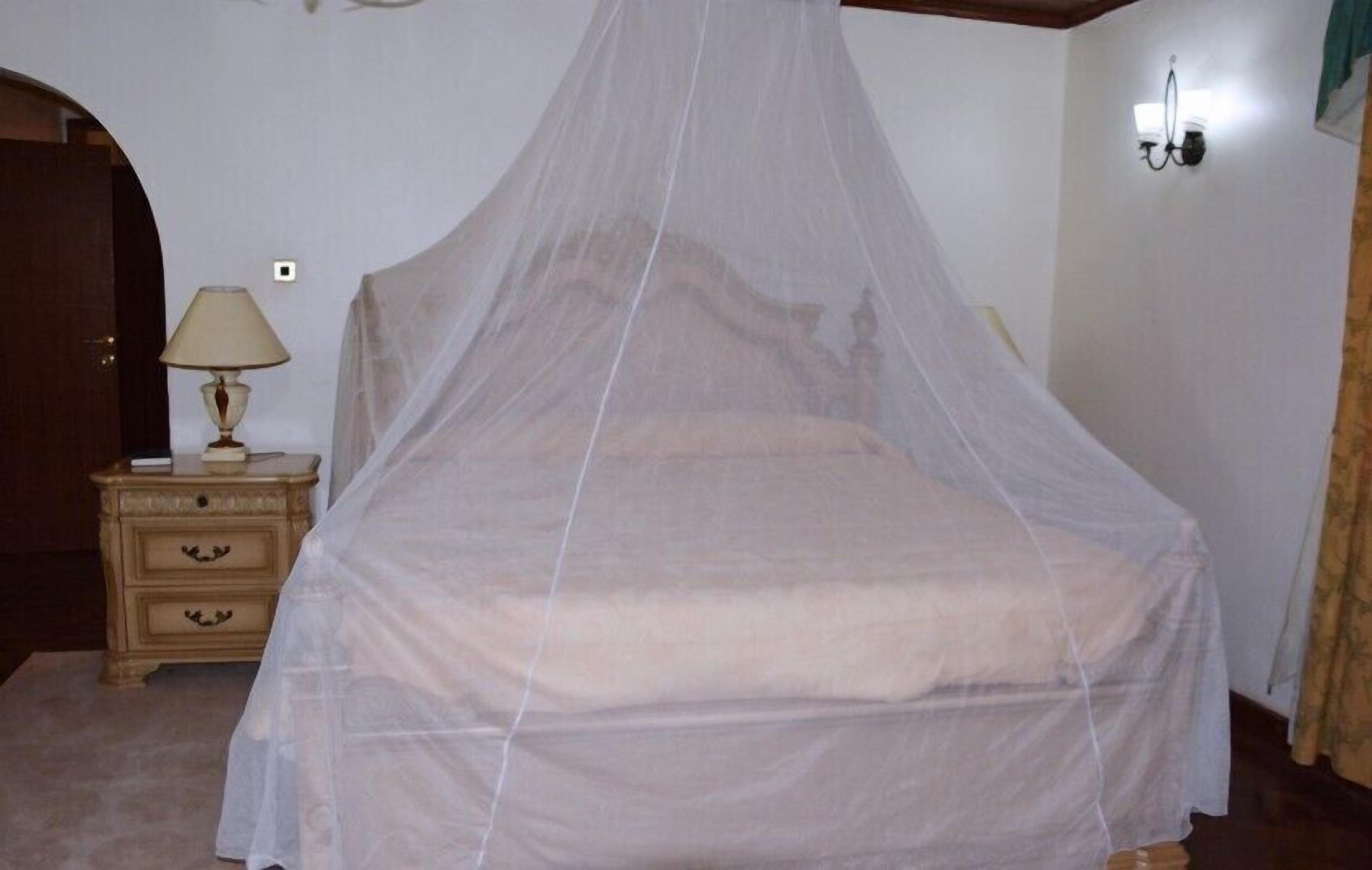 A bed with a mosquito net, a bedside lamp, and a nightstand with drawers.