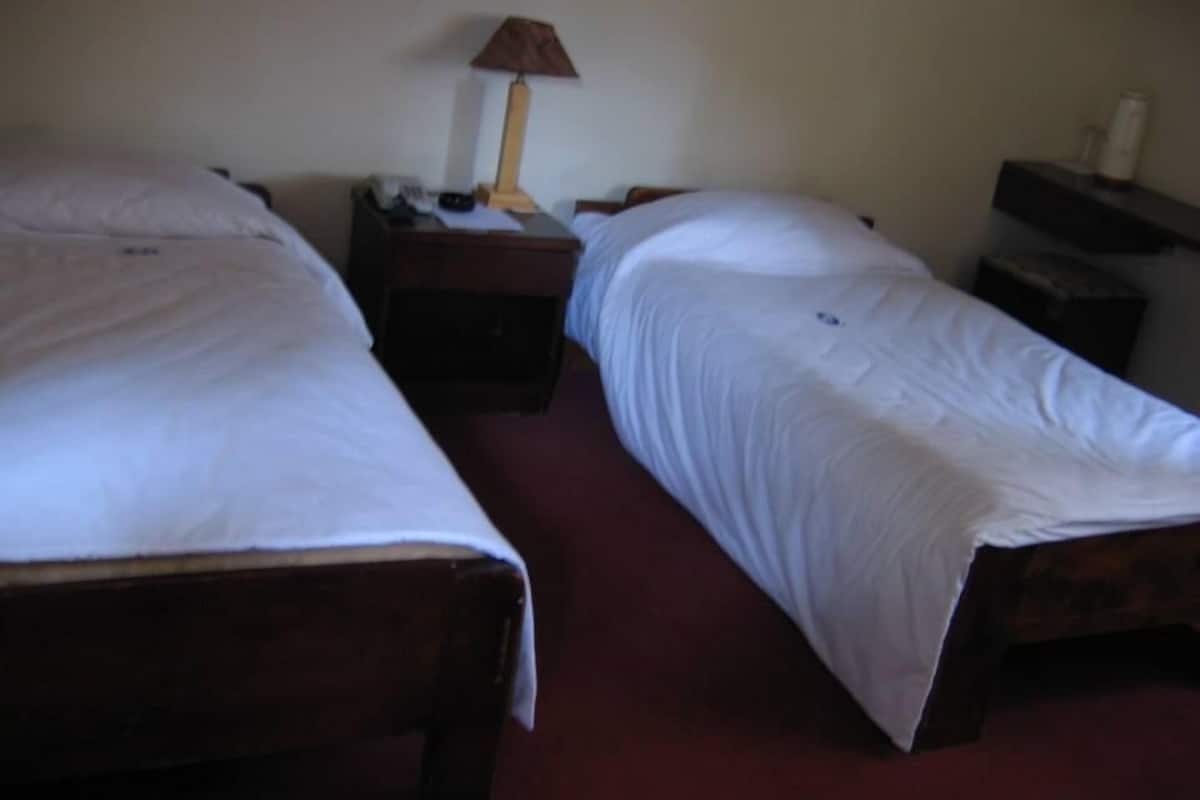 A room with two single beds, a nightstand with a lamp, and a small table with a bottle.