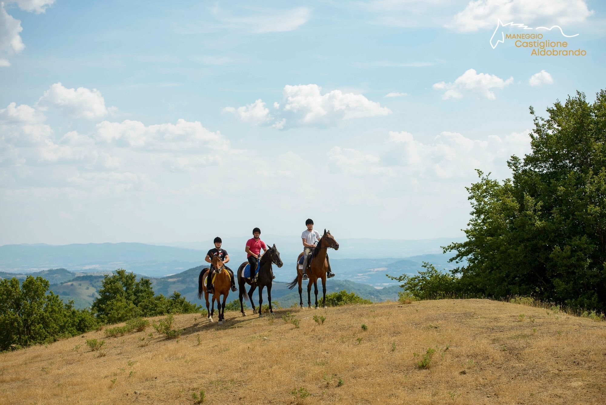 Three people riding horses on a grassy hill with a view of distant mountains.