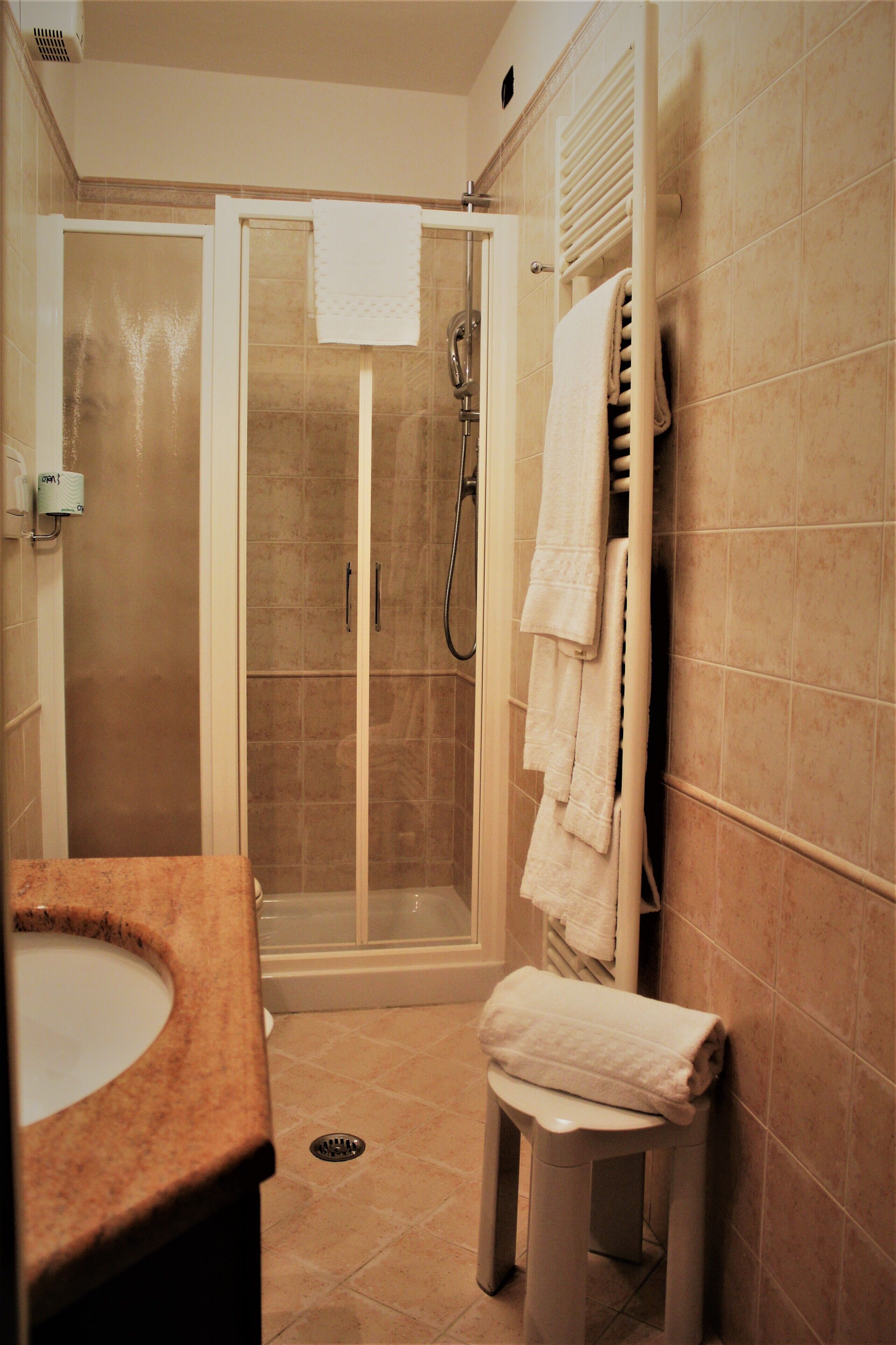 Un baño con ducha de vidrio, lavamanos y un perchero para toallas.