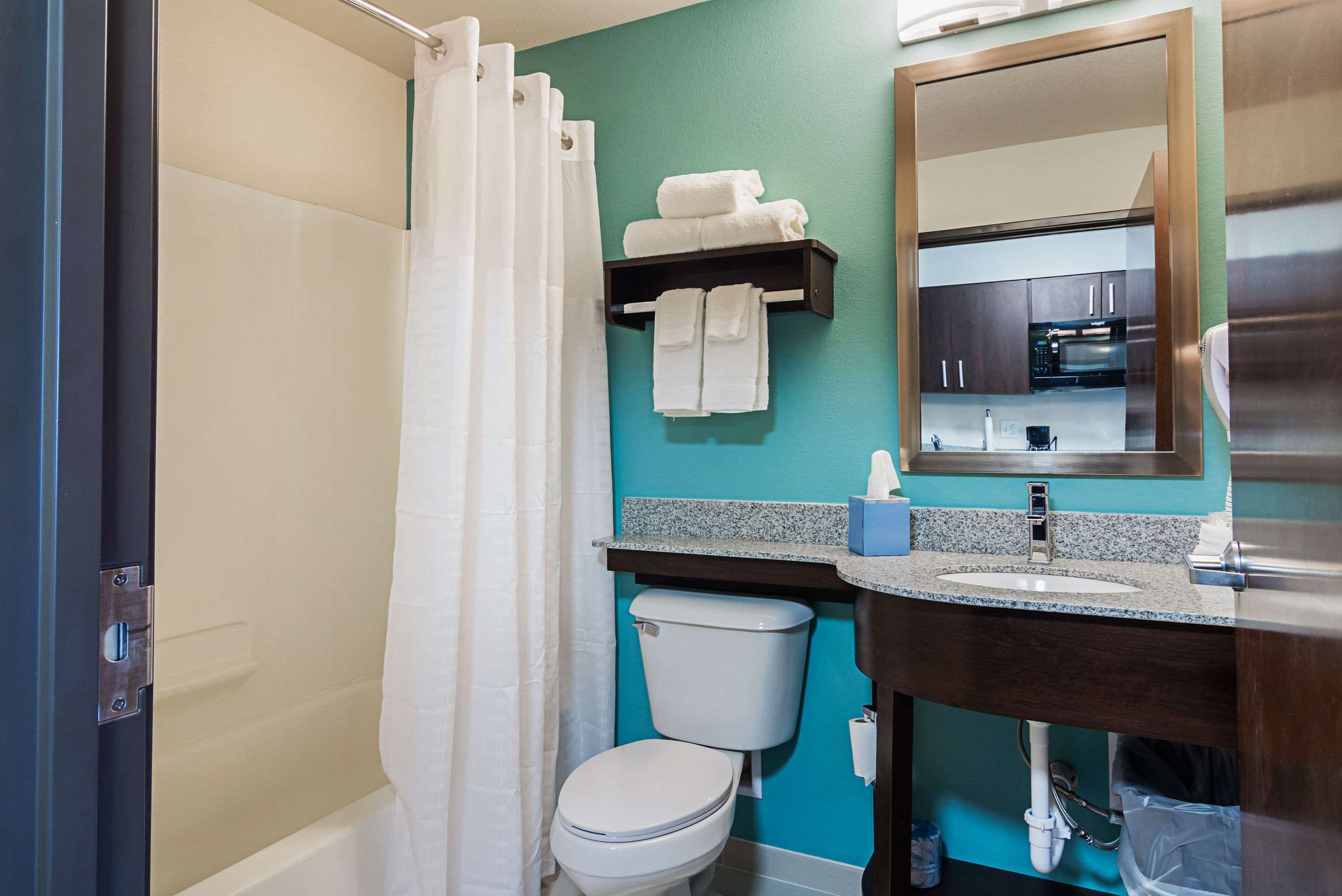 basic room, 2 queen beds, non smoking (efficiency) | bathroom | hair dryer, towels, soap, shampoo