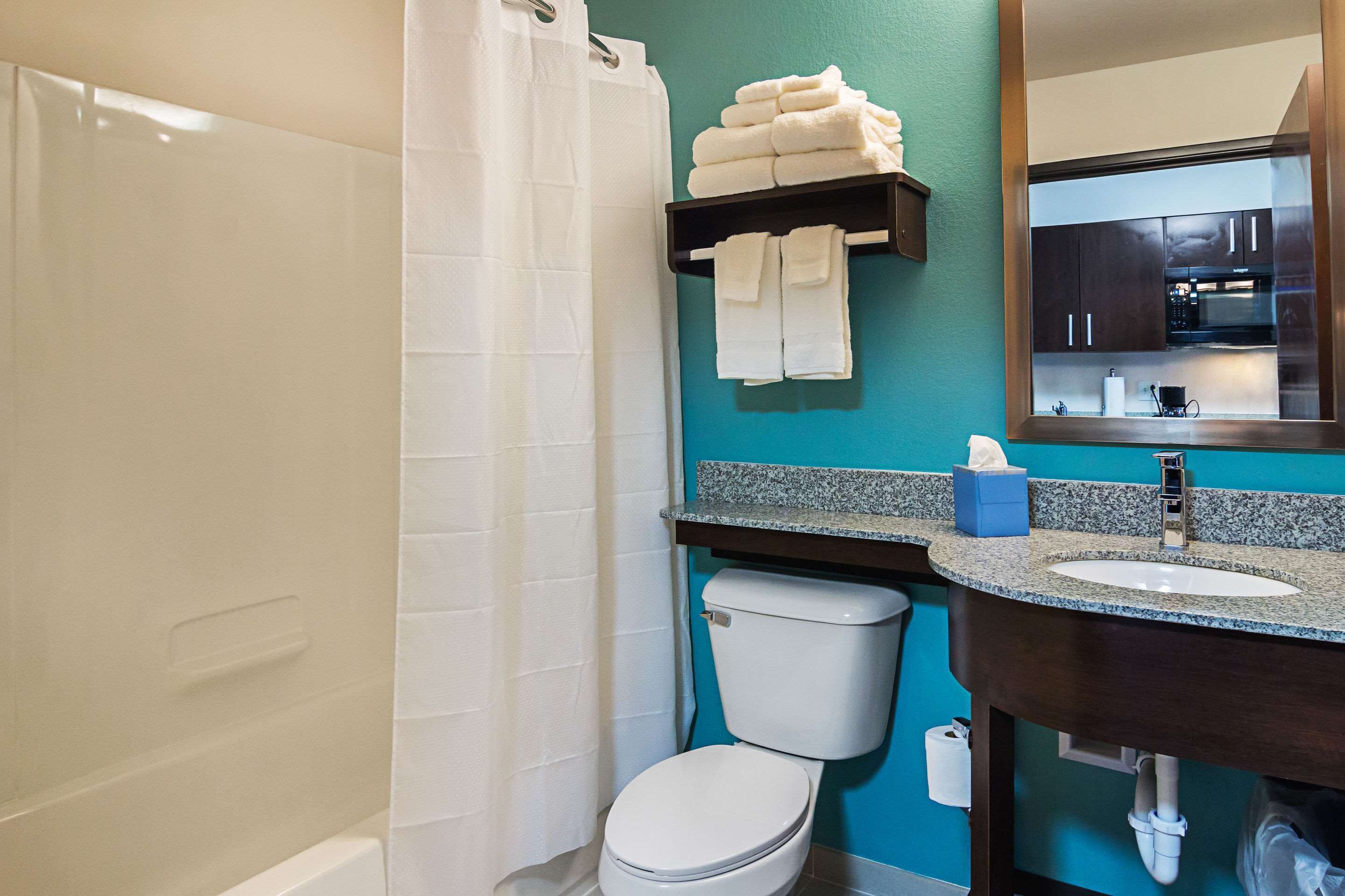 basic room, 2 queen beds, non smoking (efficiency) | bathroom | hair dryer, towels, soap, shampoo