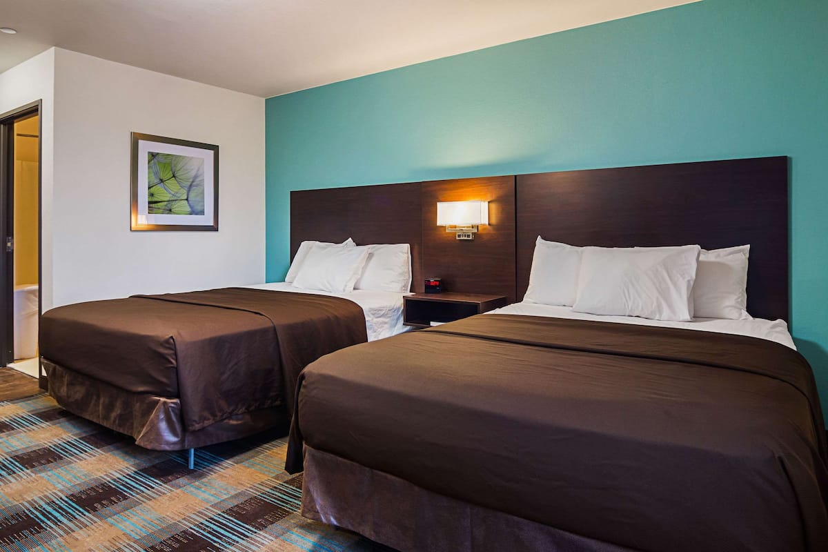 A hotel room with two beds, a nightstand with a lamp, a framed picture on the wall, and a plaid carpet.