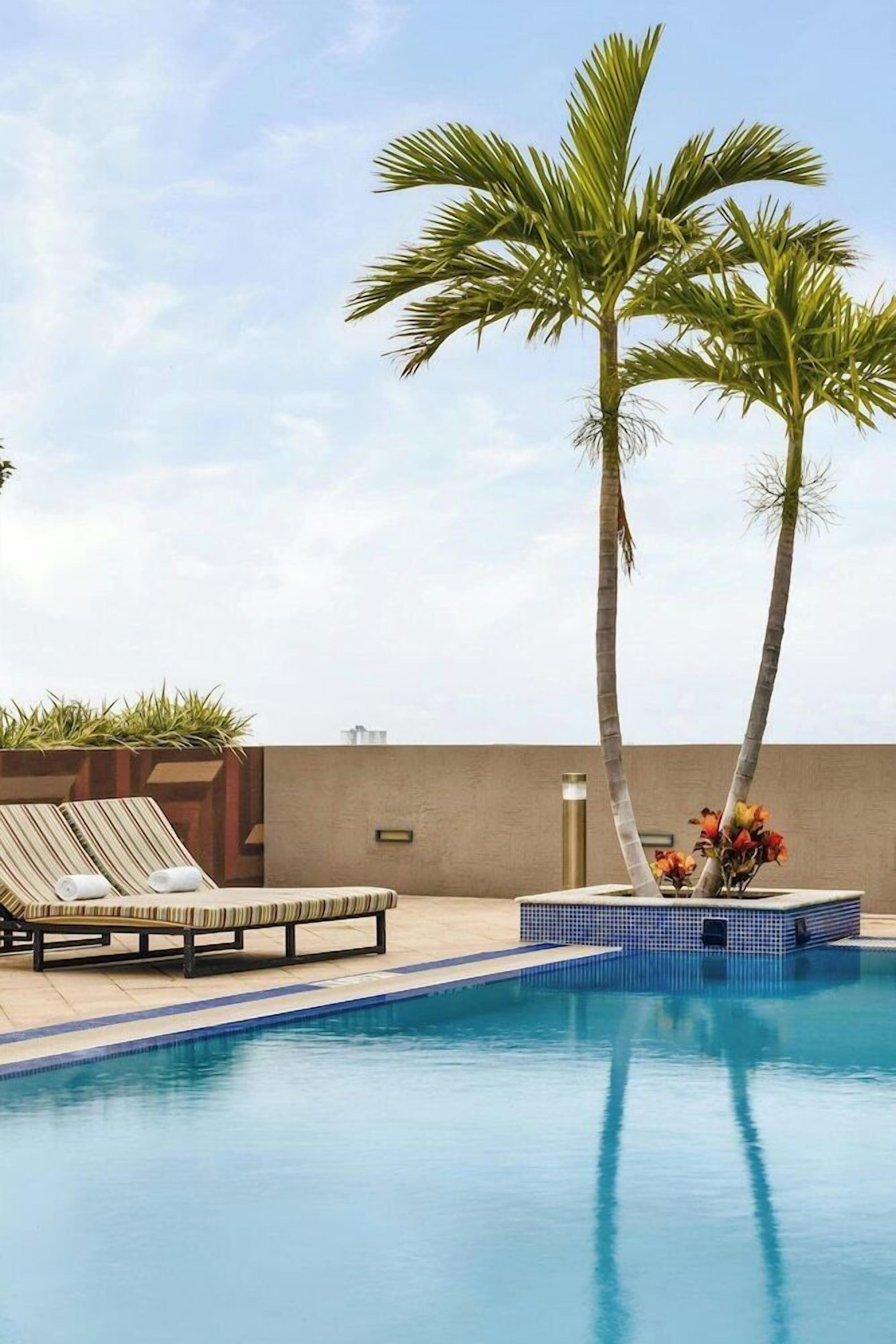 A pool area with lounge chairs and palm trees.