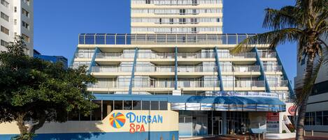 Experience the unique architectural design of Durban Spa, featuring multiple balconies and a striking entrance.