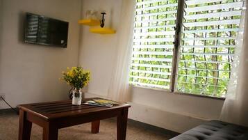 Suite estudio de diseñador, 1 cama Queen size y sofá cama, cocineta | Área de sala de estar | Televisión de pantalla plana de 42 pulgadas con canales por cable