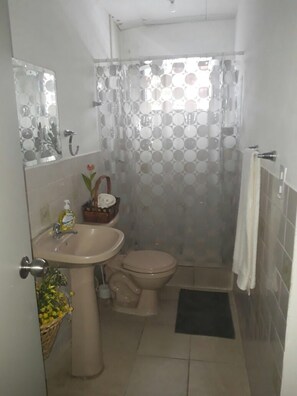 Un baño pequeño con inodoro, lavamanos y ducha.