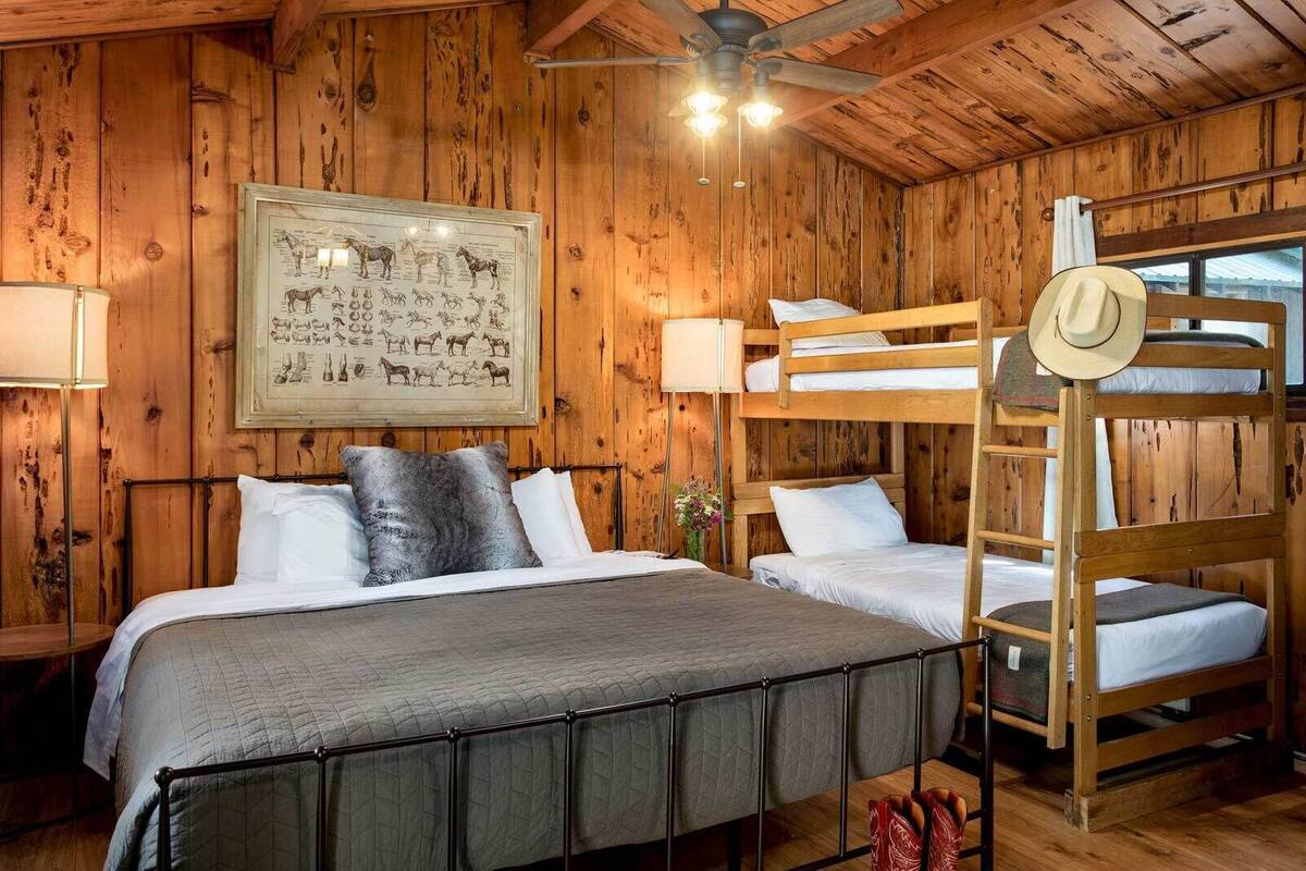 A wooden cabin-style room with bunk beds, a framed equestrian illustration, and a ceiling fan.