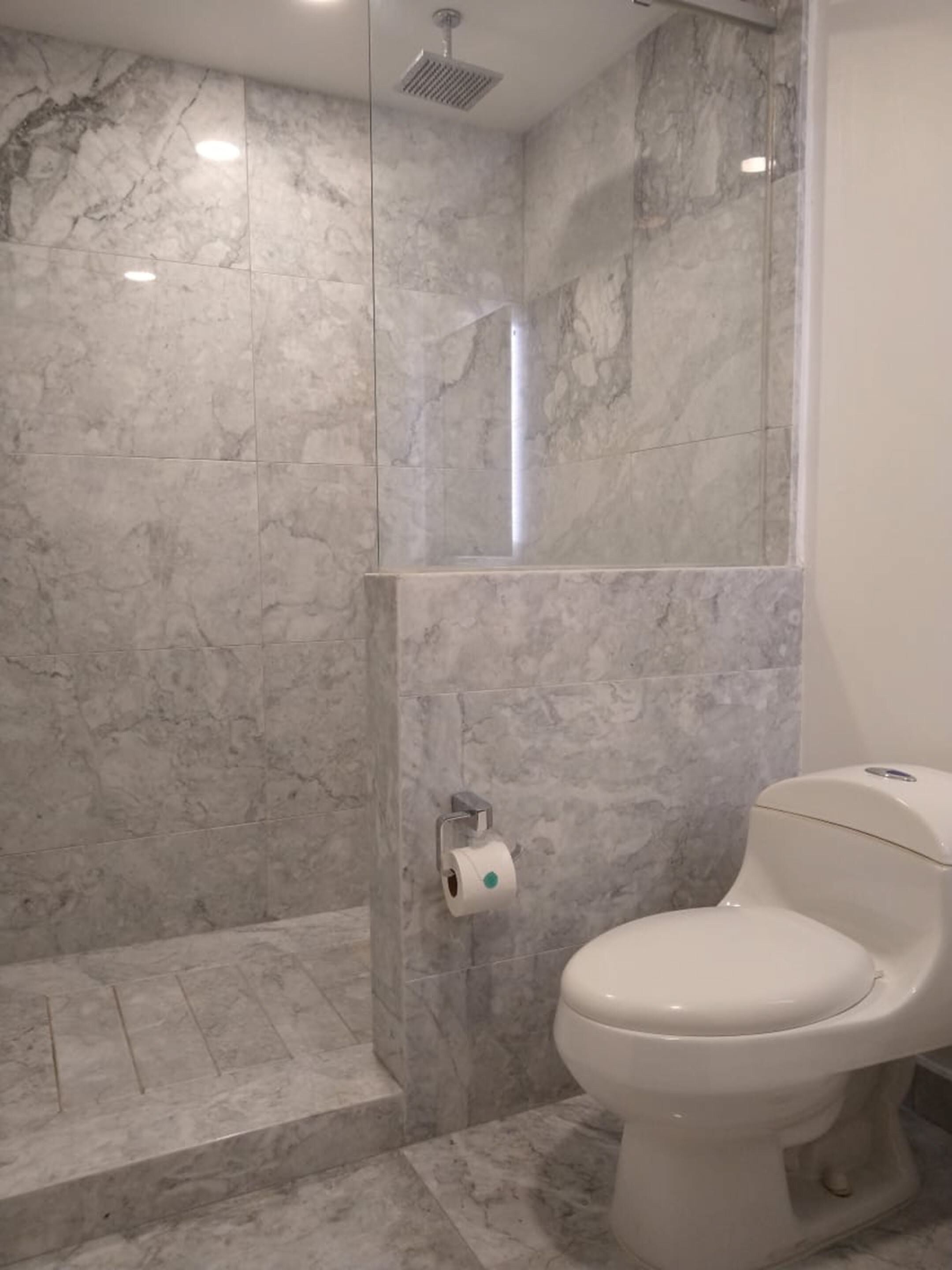 A bathroom with a toilet, a shower, and marble walls.