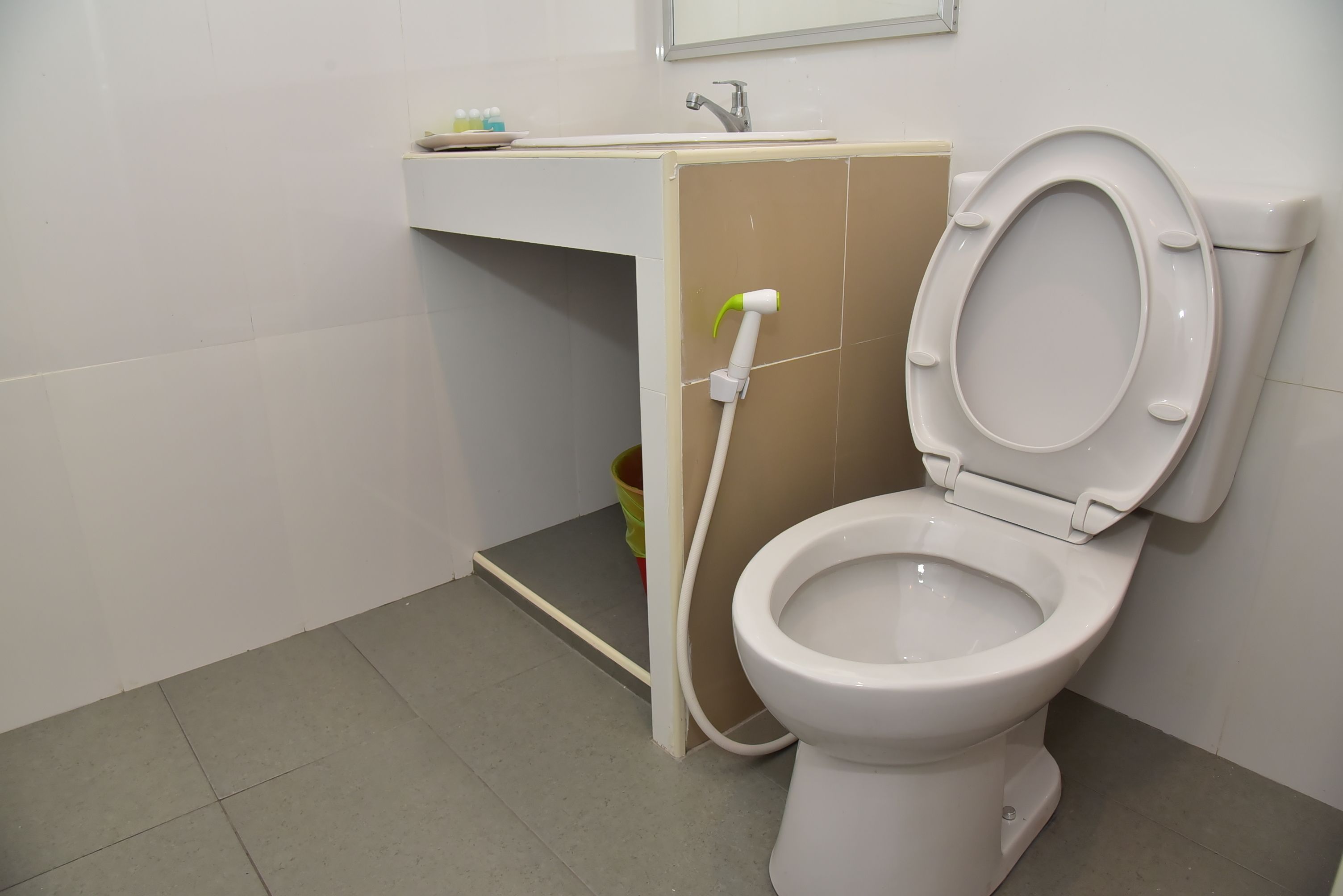 A bathroom with a toilet, sink, and a shower area.