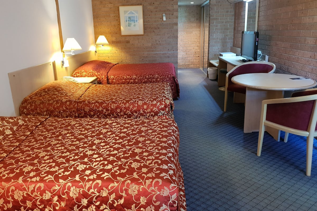 Ein Hotelzimmer mit zwei Betten, einem Schreibtisch, einem Stuhl, einem Spiegel und einem Bild an der Wand.
