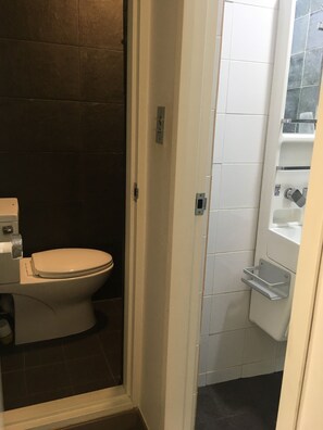 A bathroom with a toilet, a sink, and a shower area. - Hongdae Sopoong the Urban (Seoul)