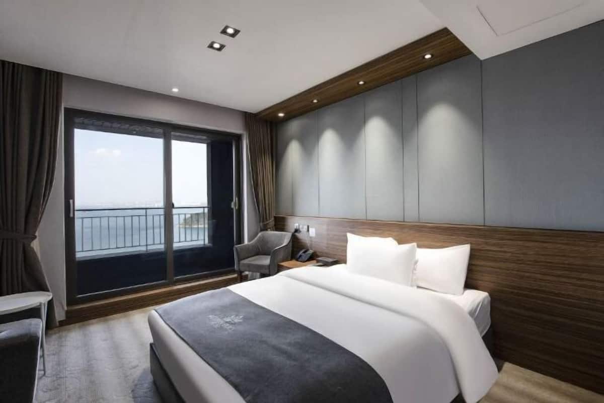 Premium bedding, desk, laptop workspace, blackout drapes
