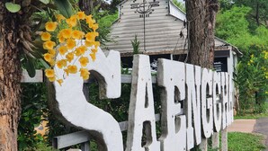 A large white sign with the word "SAENOGOM" and a decorative yellow flower arrangement. - Saengcha Farm Resort (Prachantakham)