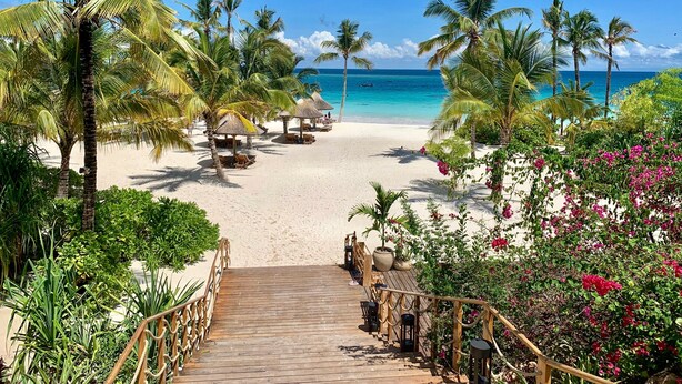 A wooden pathway leading to a beach with palm trees and thatched-roof structures.