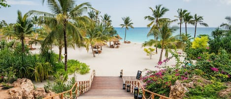 A wooden staircase leading to a beach with palm trees and a clear view of the ocean.