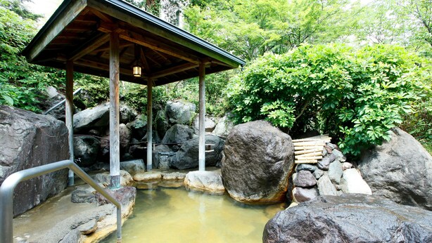 A traditional wooden structure with a metal railing over a natural hot spring surrounded by large rocks and greenery. - Beppu Housensou (Beppu)