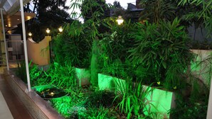 A well-lit garden area with various plants and a small water feature. - Maple Suites (Bengaluru)