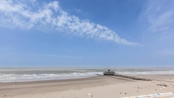 A beach with a pier extending into the ocean, a sandy beach, and a clear sky.