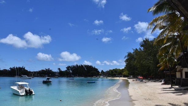 A beach with clear turquoise water, boats, and palm trees. - Ocean Lake Tourist Residence (Grand-Baie)
