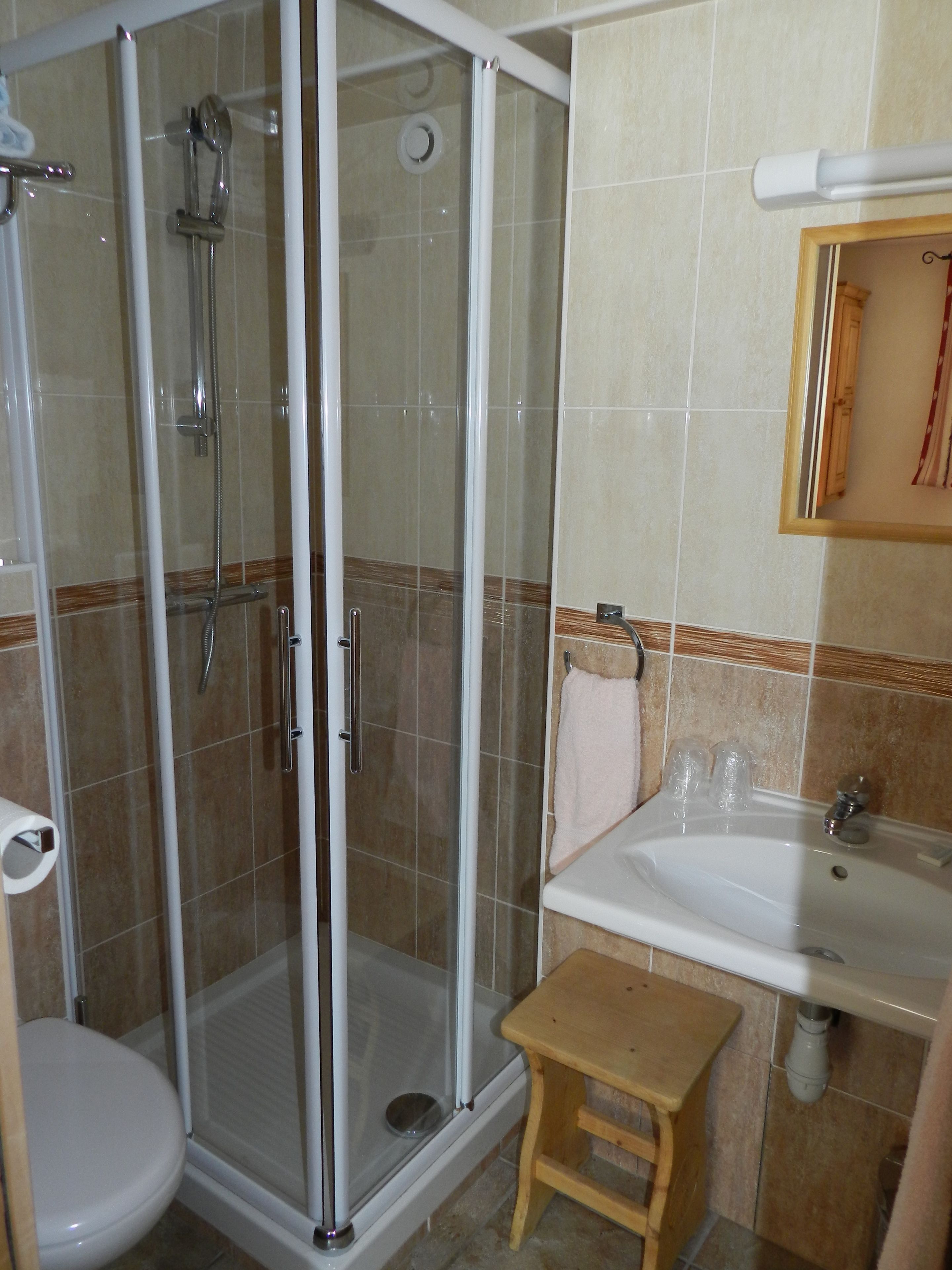A bathroom with a glass-enclosed shower, a sink, and a toilet.