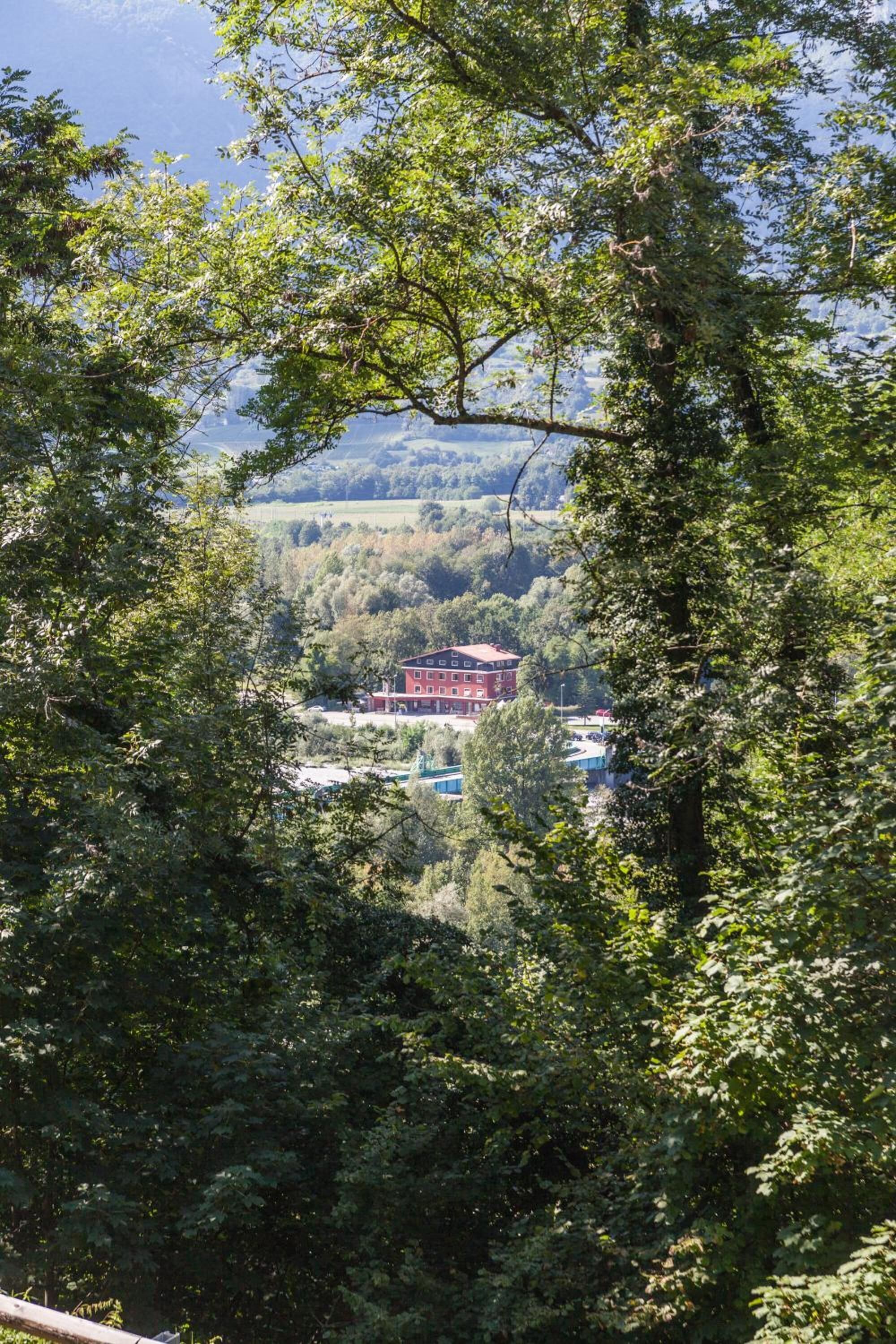 A building surrounded by dense trees, with a clear view of its red exterior and multiple windows.