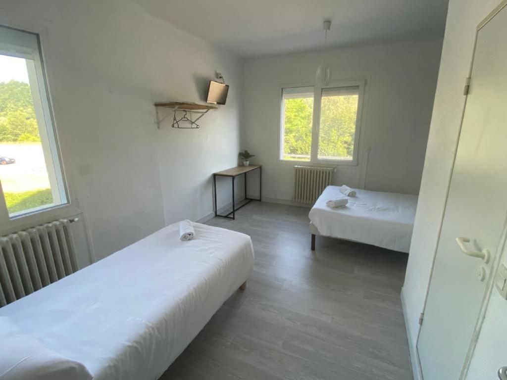 Une chambre avec deux lits simples, une petite table, une étagère avec un téléviseur et une fenêtre donnant sur un paysage verdoyant.