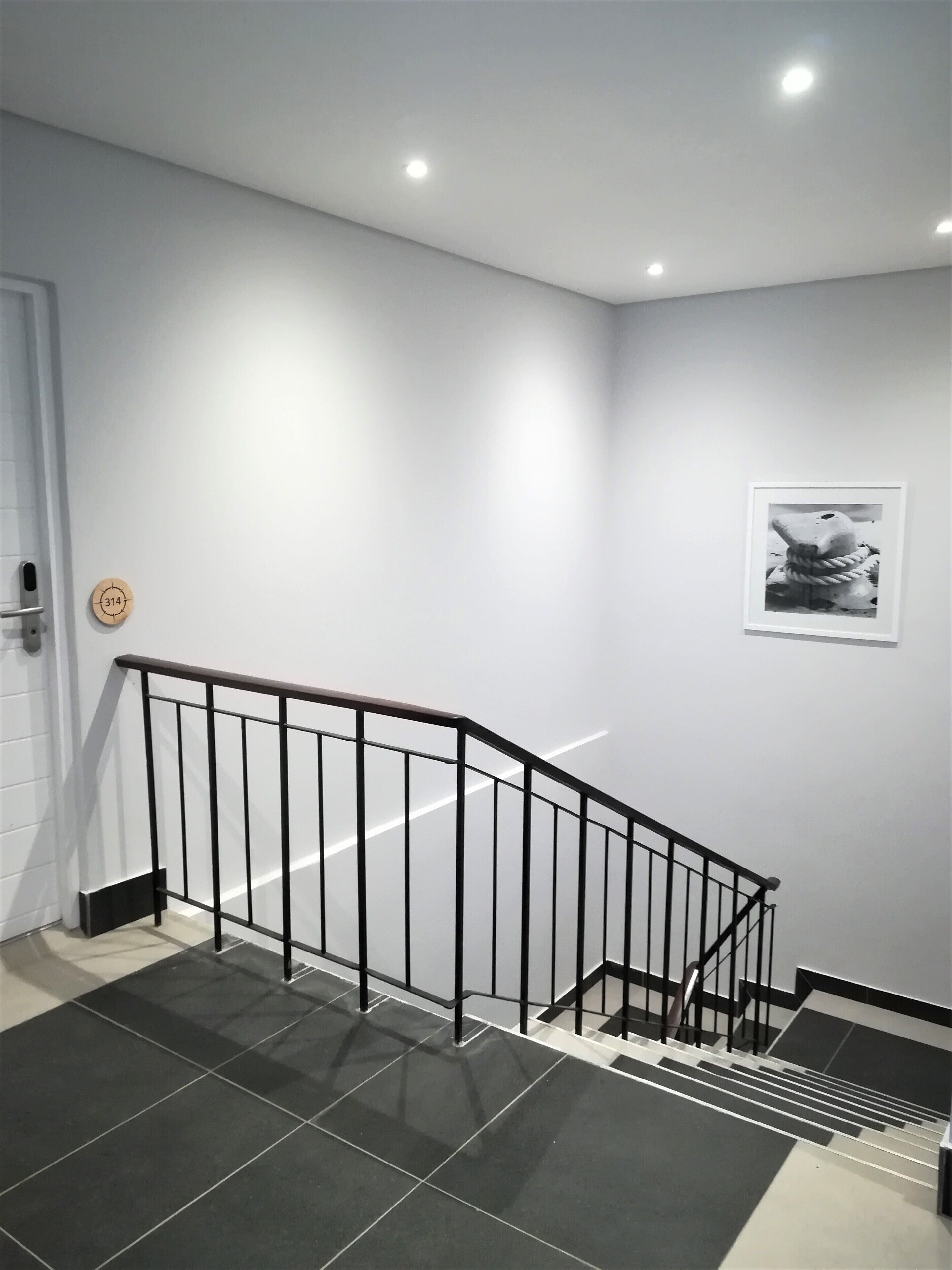 Una escalera con barandilla de metal negro, una puerta blanca y un cuadro en la pared.