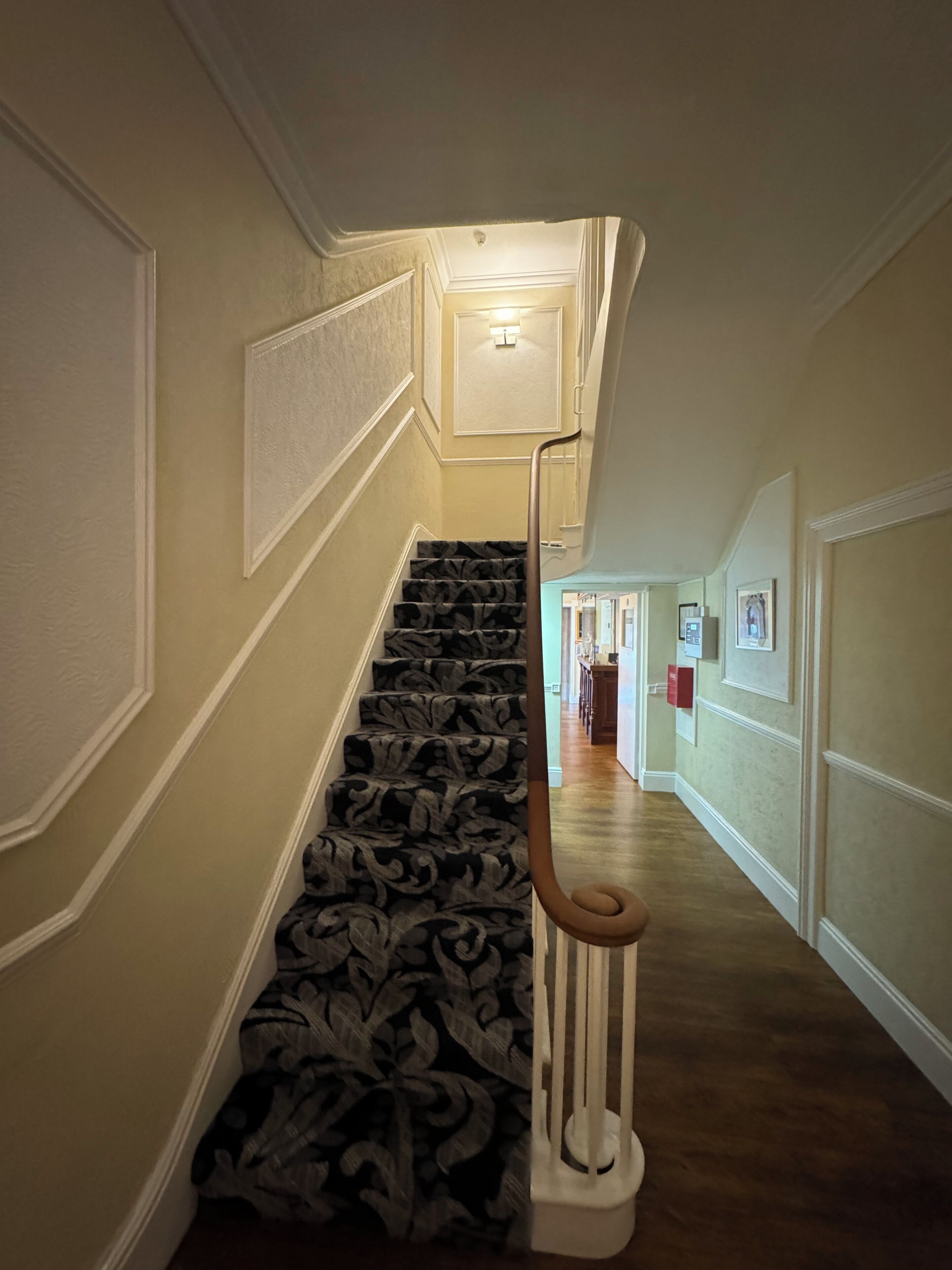 A staircase with patterned carpet and a white handrail leading to a landing.