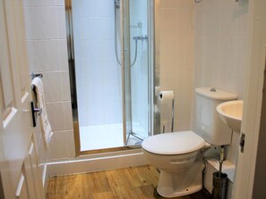 Et lille badeværelse med toilet, håndvask og bruser.