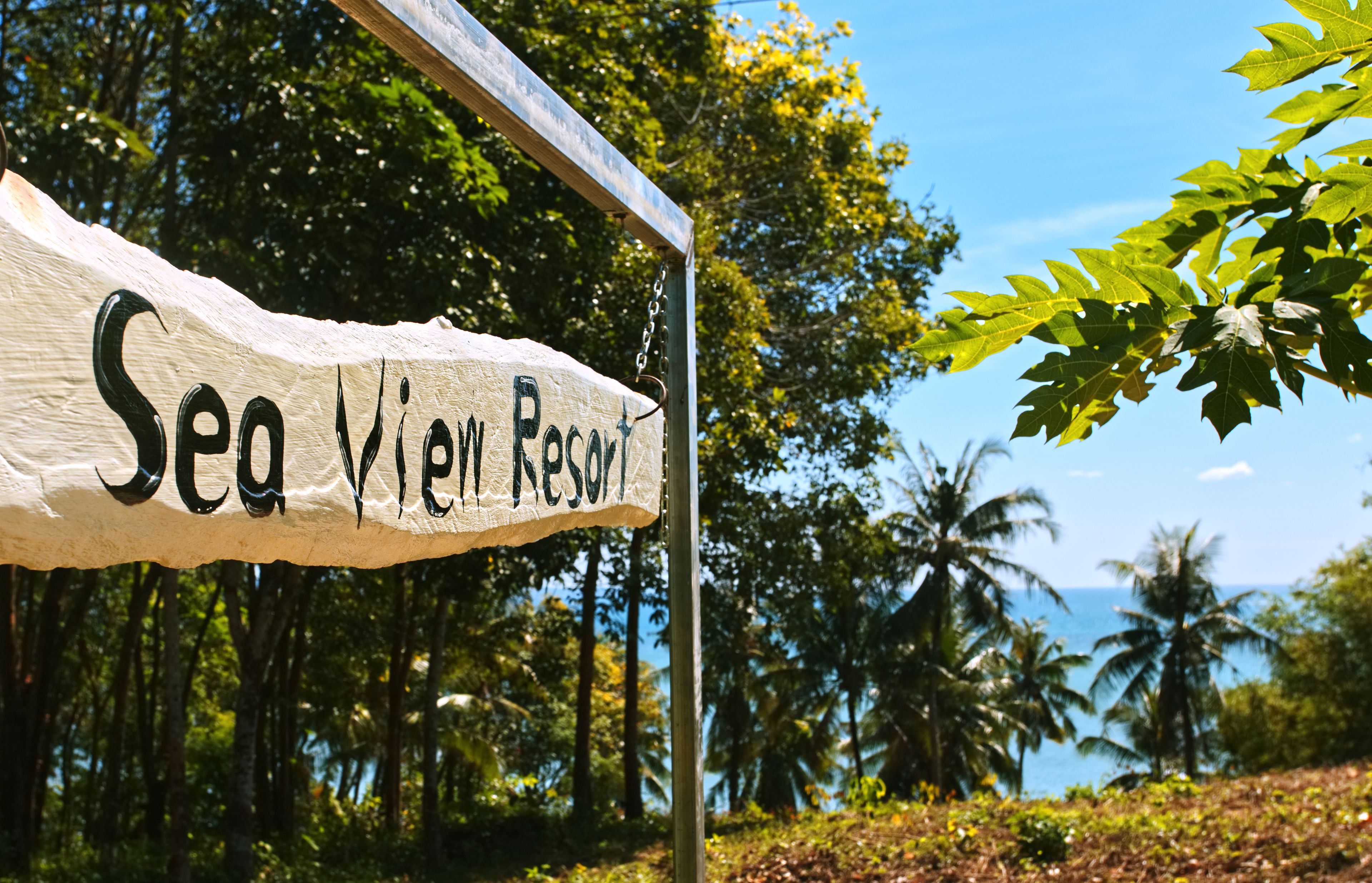 A sign for Sea View Resort with a view of palm trees and the ocean.