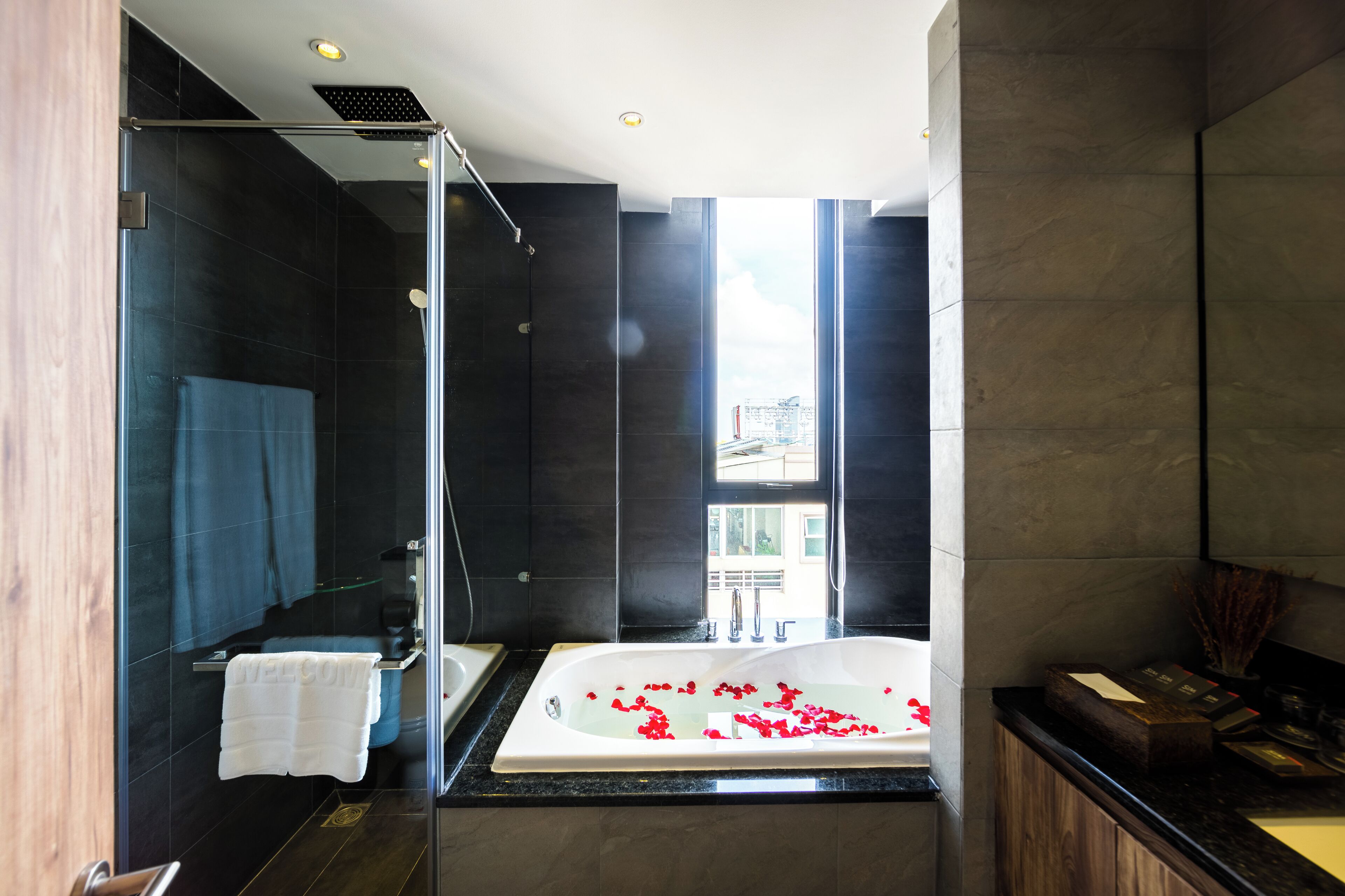 free toiletries, hair dryer, bathrobes, slippers