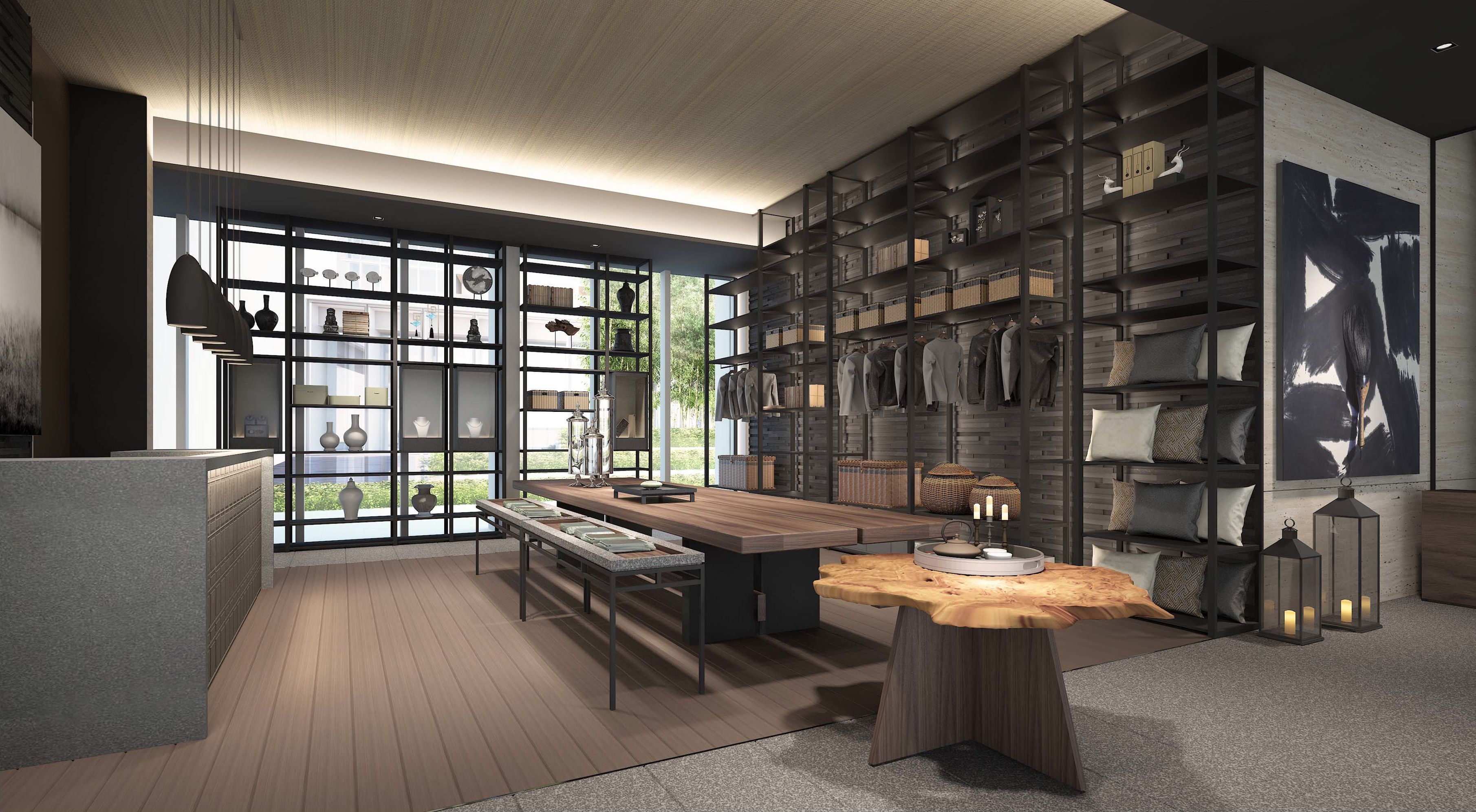 A modern interior with a wooden dining table, bookshelves, and a large window.