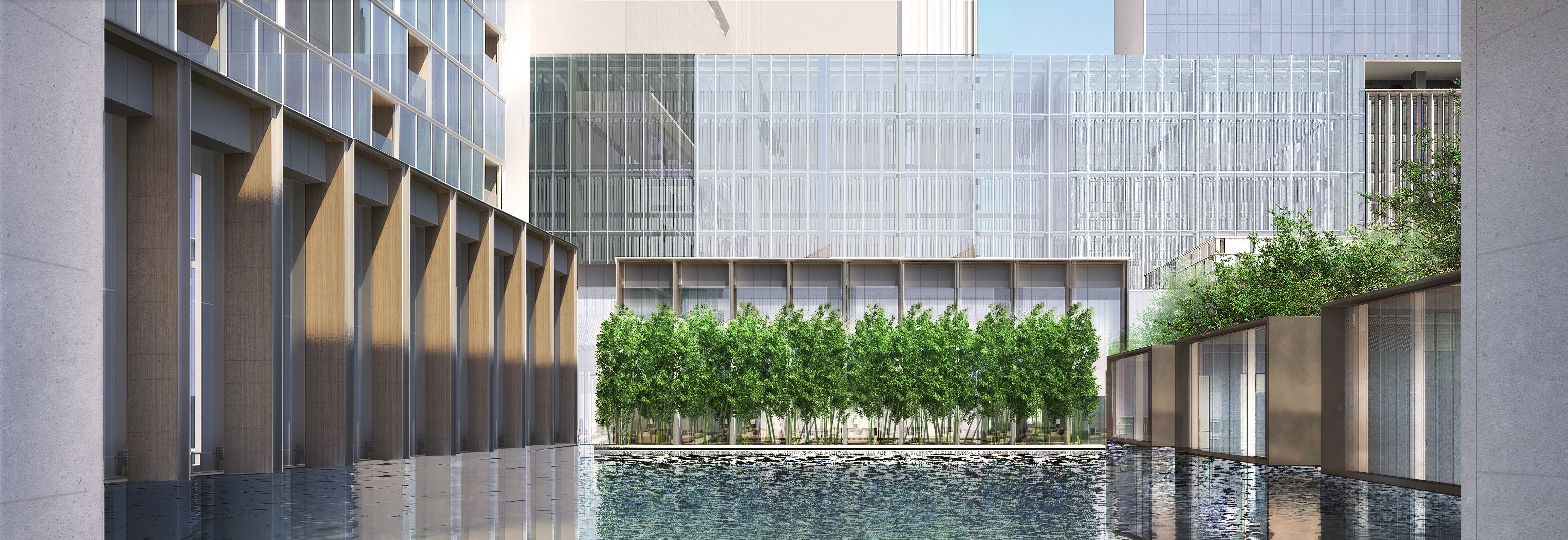 Een modern gebouw met een reflecterend zwembad, verticale houten latten en een rij bomen op de voorgrond.