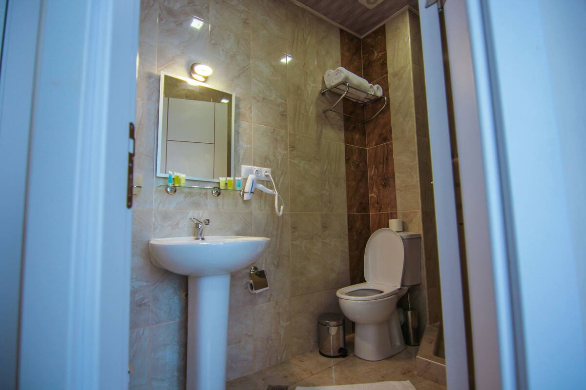 Duş, ücretsiz banyo/kozmetik ürünleri, saç kurutma makinesi, terlik