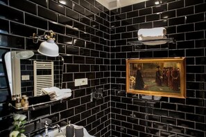 Shower, designer toiletries, hair dryer, bidet