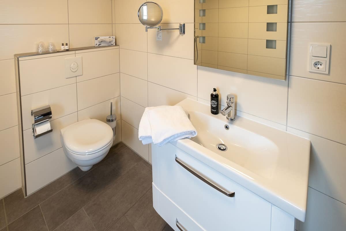 deluxe double room | bathroom | shower, free toiletries, hair dryer, towels