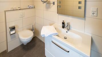 A modern bathroom with a toilet, sink, and mirror.
